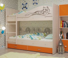 Кровать Мая-Сафари двухъярусная с ящикамиМлечный дуб/Оранжевый в Нюрбе - nyurba.katalogmebeli.com | фото