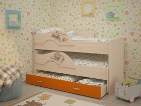 Кровать выкатная Радуга-Сафари детская 1600 Млечный дуб/Оранжевый в Нюрбе - nyurba.katalogmebeli.com | фото