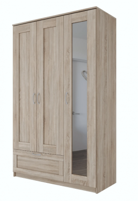 Шкаф трехдверный Сириус с зеркалом и 1 ящиком дуб сонома в Нюрбе - nyurba.katalogmebeli.com | фото